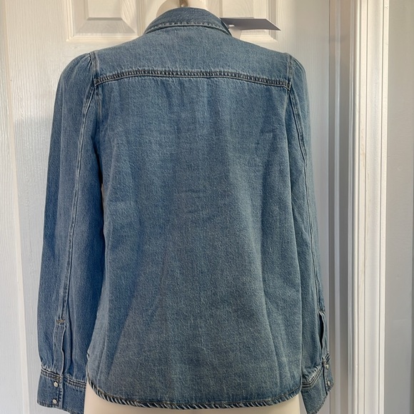 RISEN LOS ANGELES PEARL SNAP FRONT SHIRRING  LONG SLEEVE DENIM BLUE SHIRT SM MED - Picture 10 of 14
